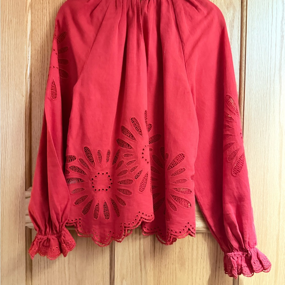 Ulla Johnson | Louisa Red Floral Eyelet Linen Blend Blouse Women’s Sz 6 - Picture 2 of 7